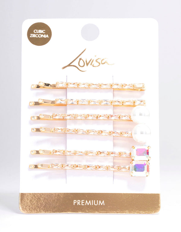 Gold Cubic Zirconia Baguette Freshwater Pearl Hair Clip