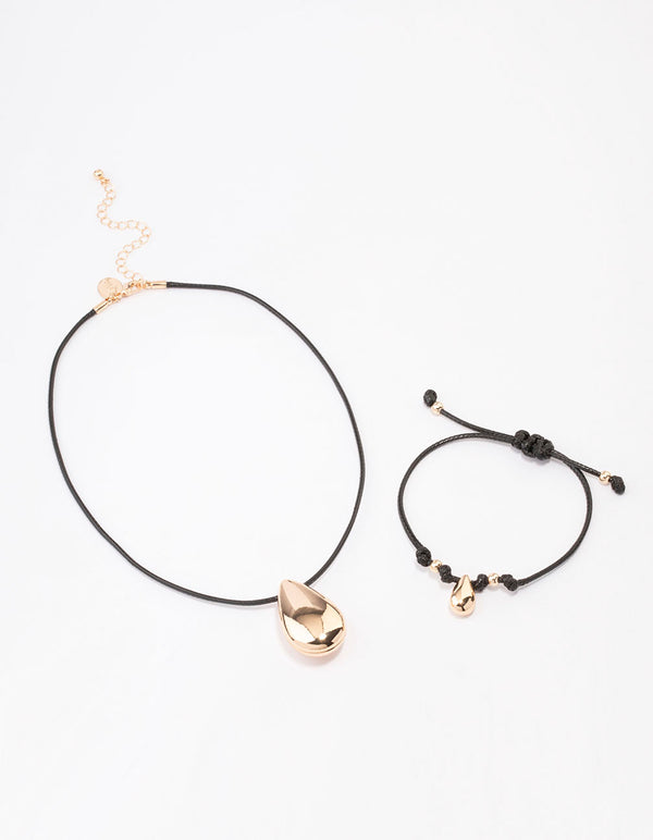 Gold Cord Teardrop Necklace & Bracelet Jewellery Set