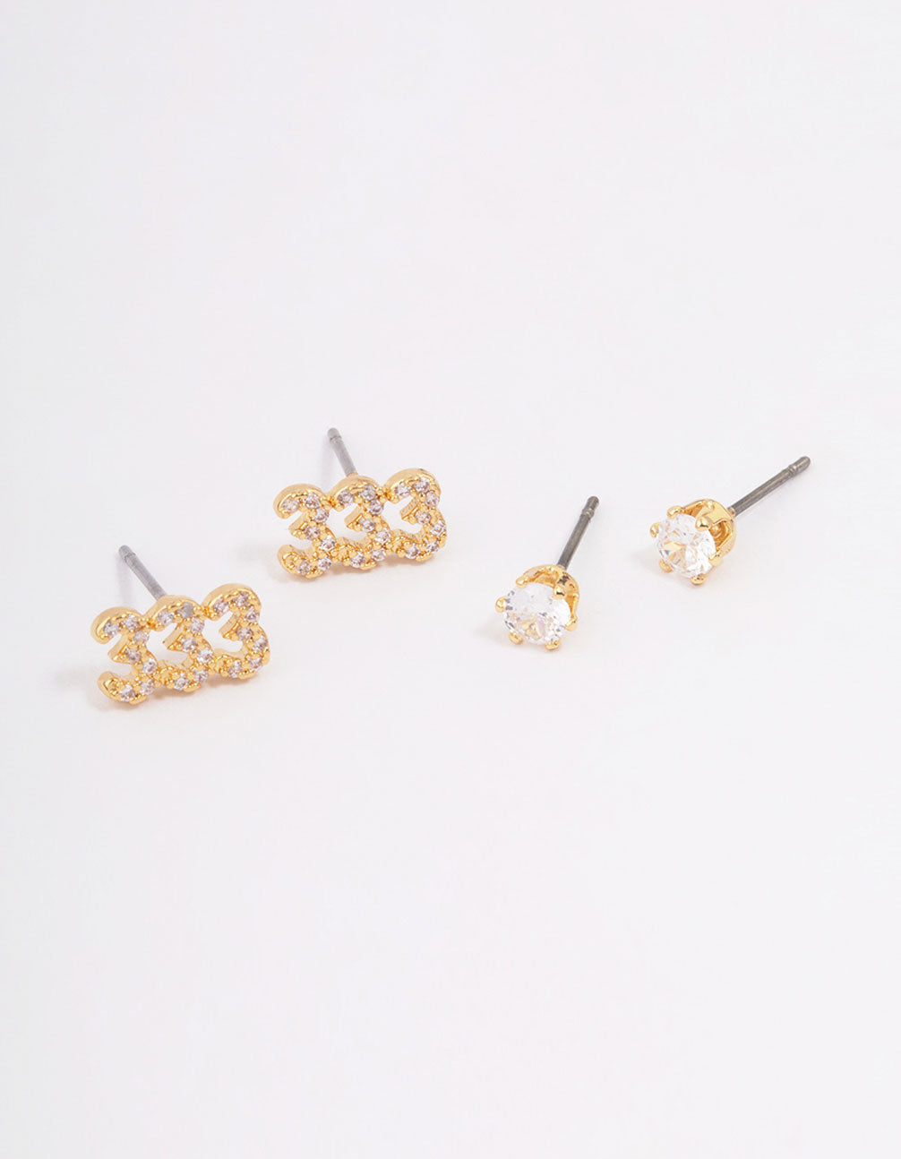 Gold Plated Cubic Zirconia Angel Number 333 Stud Earring Pack