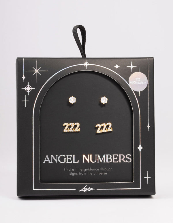 Gold Plated Cubic Zirconia Angel Number 222 Stud Earring Pack
