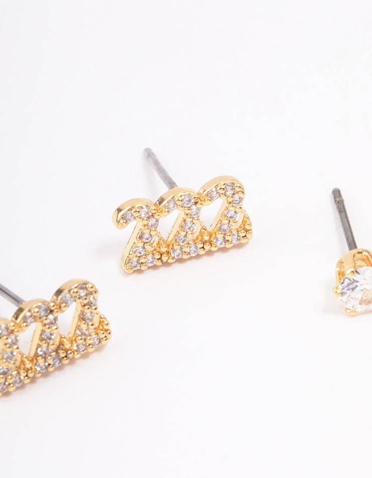 Gold Plated Cubic Zirconia Angel Number 222 Stud Earring Pack