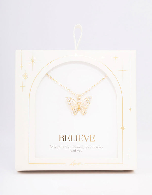 Gold Plated Cubic Zirconia Butterfly Pendant Necklace