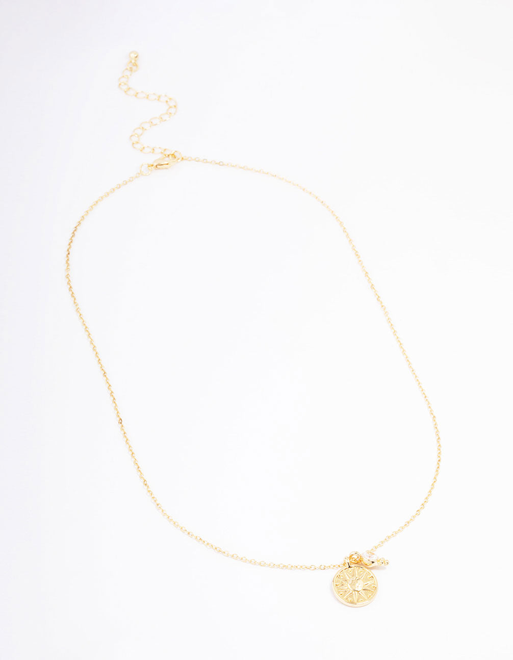 Gold Plated Star Disc & Cubic Zirconia Drop Pendant Necklace