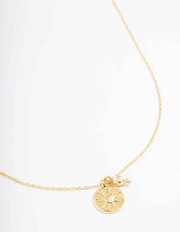 Gold Plated Star Disc & Cubic Zirconia Drop Pendant Necklace