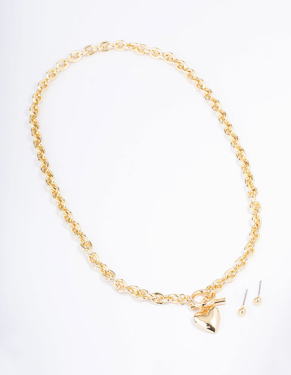 Gold Plated Heart FOB Necklace & Earrings Set