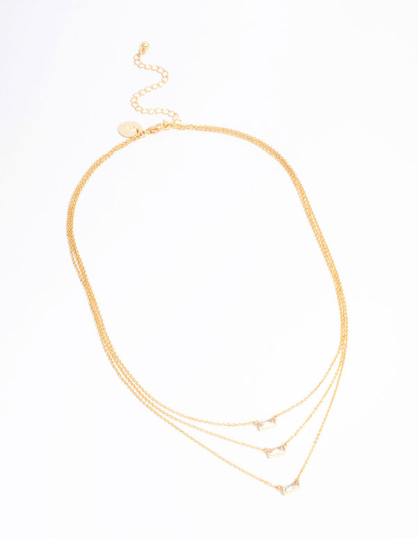 Gold Plated Cubic Zirconia Baguette Layered Necklace