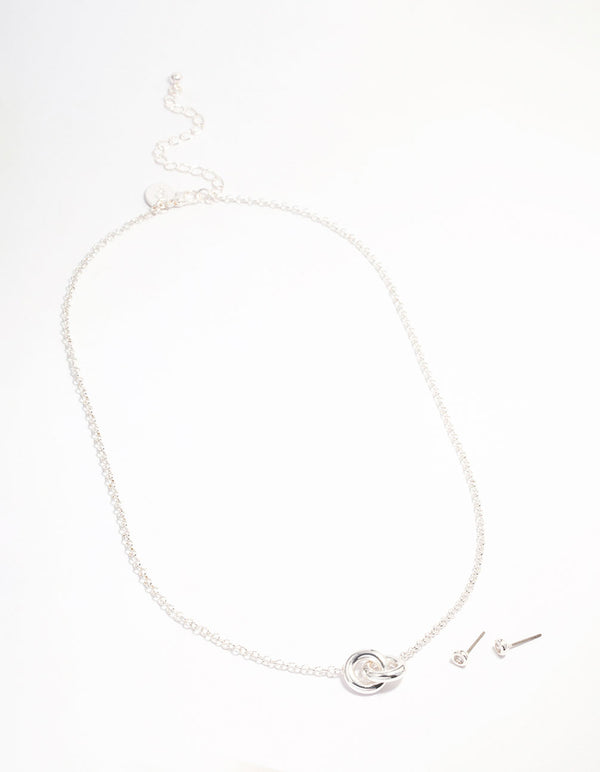 Silver Plated Round Circle Cubic Zirconia Necklace & Earrings Set