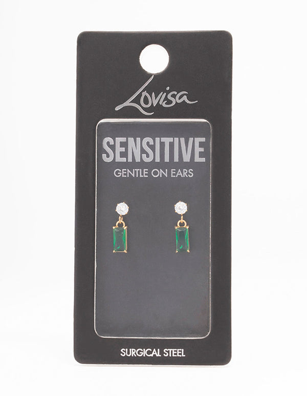 Gold Plated Surgical Steel Cubic Zirconia Baguette Drop Earrings