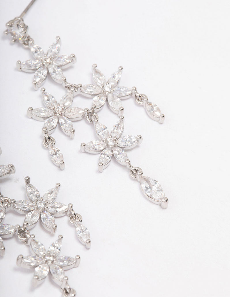 Silver Cubic Zirconia Flower Chandelier Drop Earrings