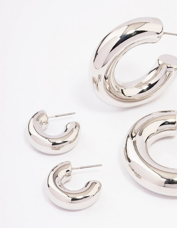 Silver Thick Smooth Hoop Earrings 3-Pack