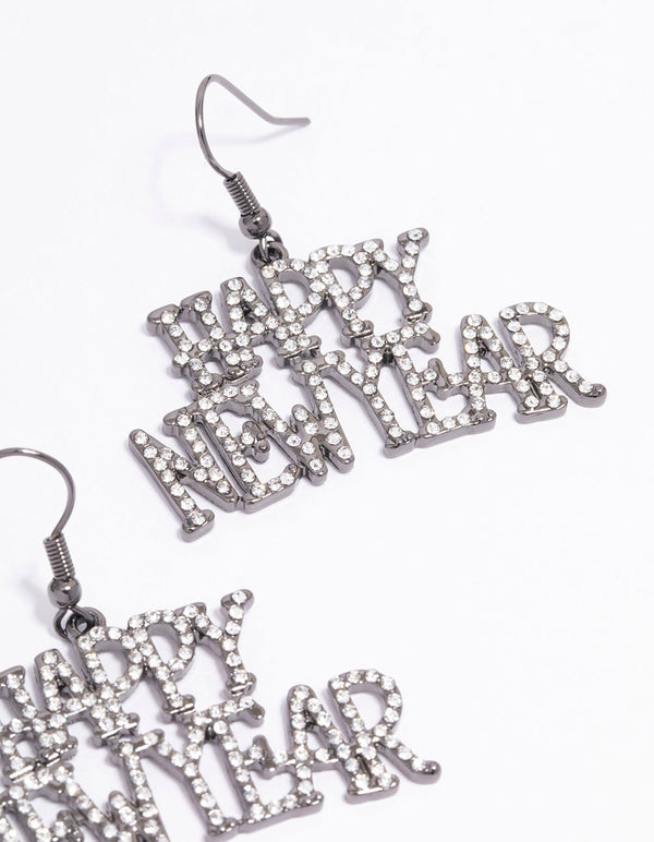 Gunmetal Happy New Year Diamante Drop Earrings