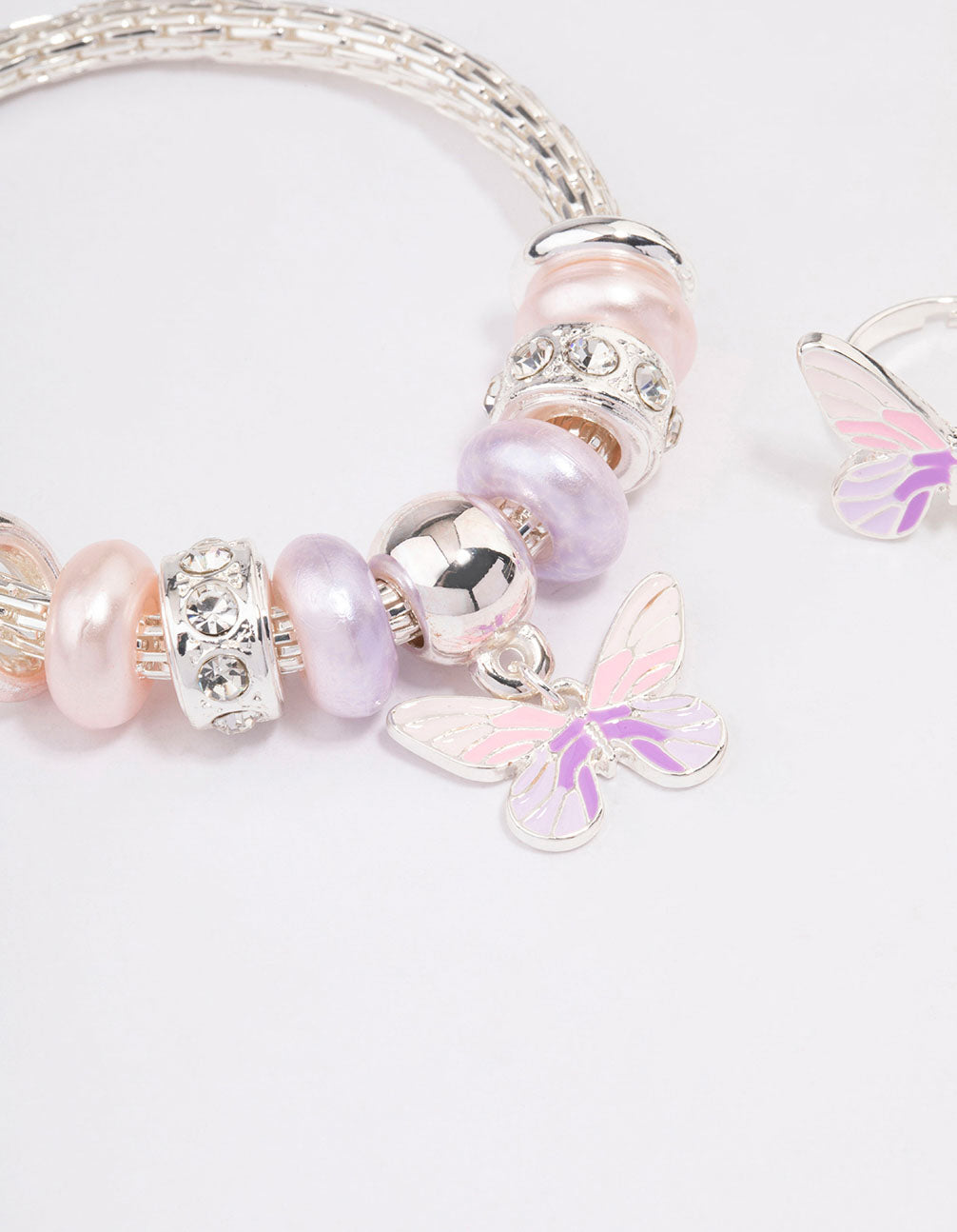 Kids Silver Stretch Glitter Butterfly Bracelet & Ring Set
