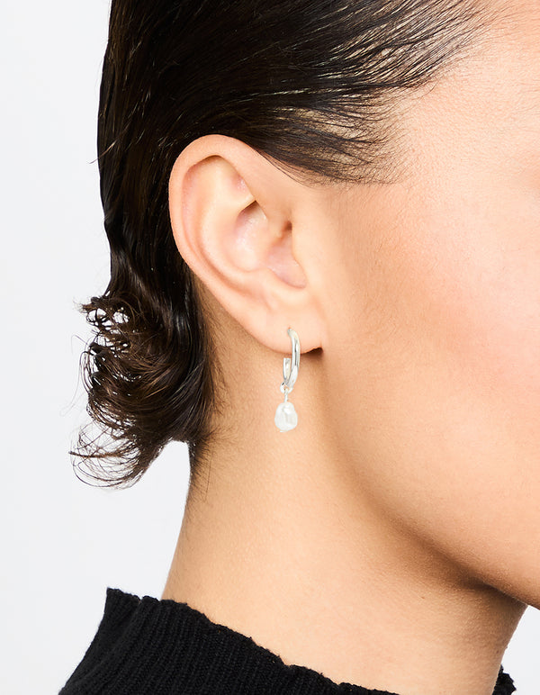 Silver Pearl Drop Huggie Earrings