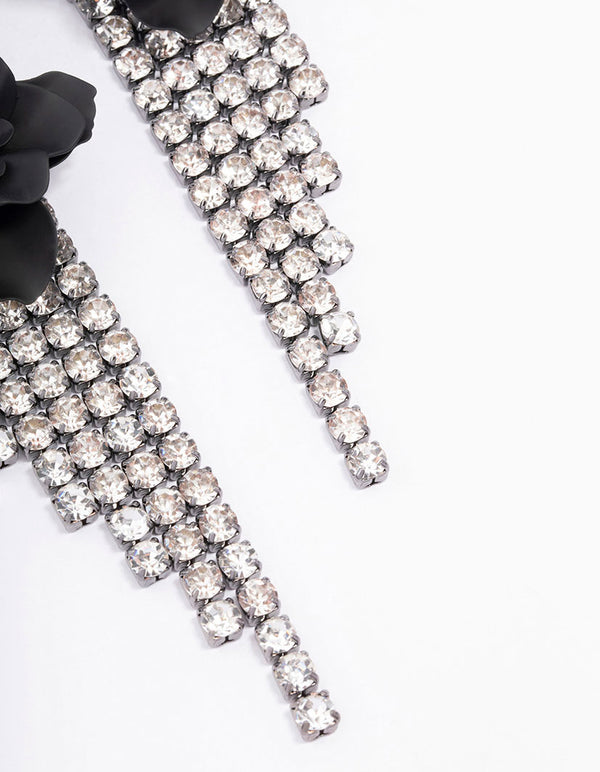 Black Flower Diamante Cup Chain Drop Earrings
