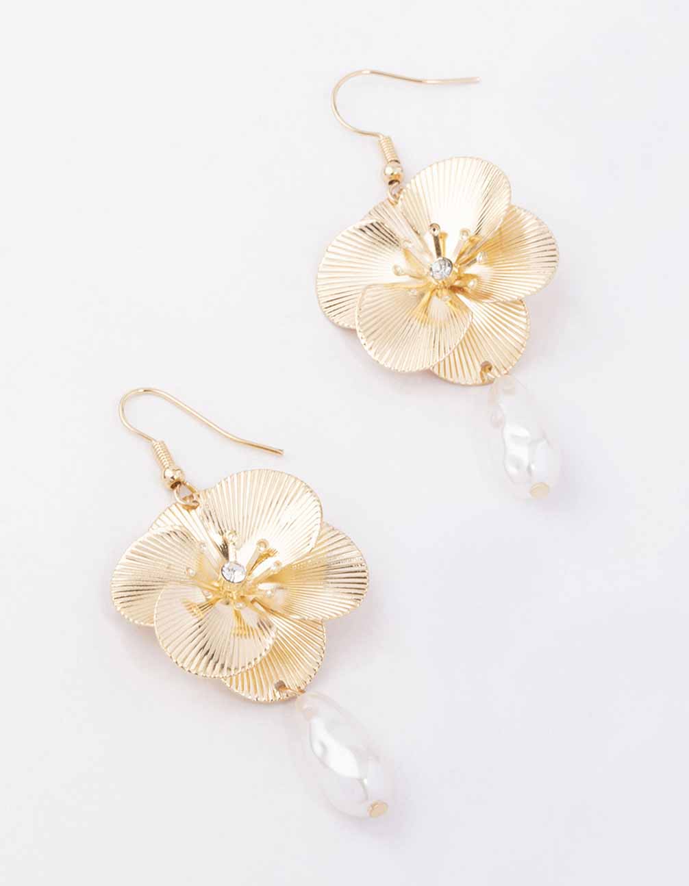 Gold Pearl & Diamante Flower Drop Earrings