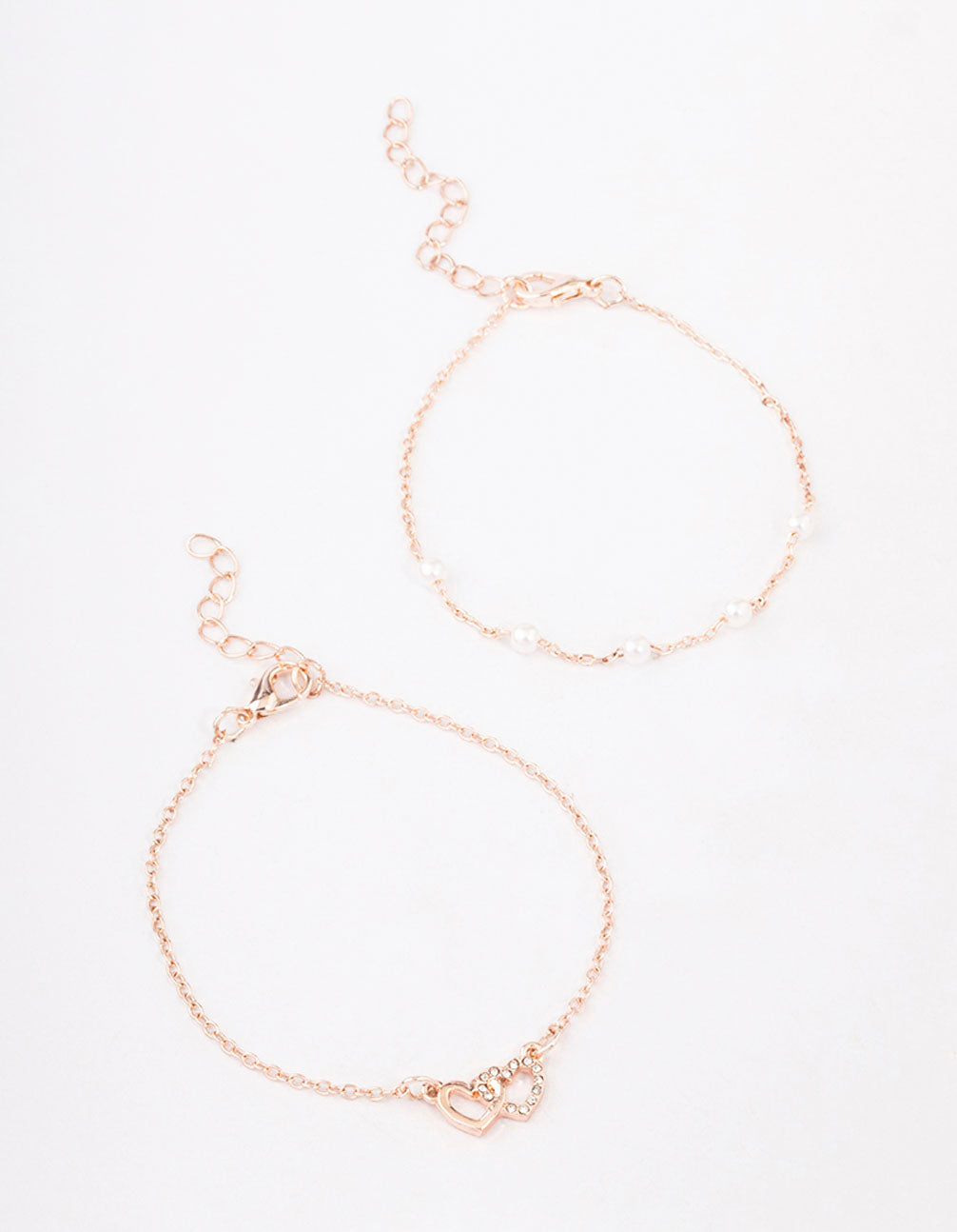 Rose Gold Pearl Diamante Heart Bracelet 2-Pack