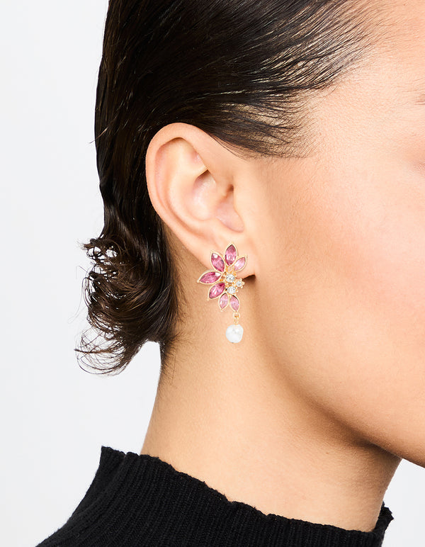 Gold & Pink Diamante Marquise Pearl Stud Earrings
