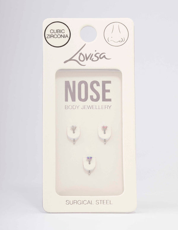 Surgical Steel Cubic Zirconia Heart Nose Piercing 3-Pack