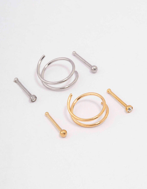 Surgical Steel Two-Toned Spiral Stud Crystal Nose Stud 6-Pack