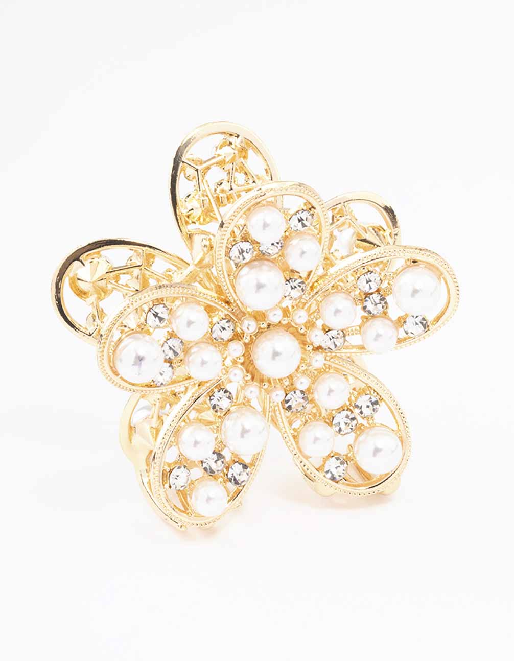 Gold Diamante Pearl Flower Hair Claw Clip