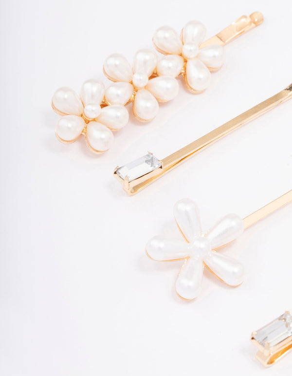 Gold Pearl Diamante Flower Hair Clip 4-Pack