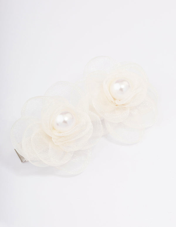 Silver & White Fabric Pearl Flower Hair Clip