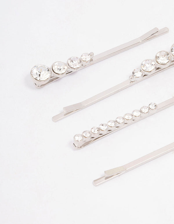 Silver Mixed Diamante Hair Clip 4-Pack