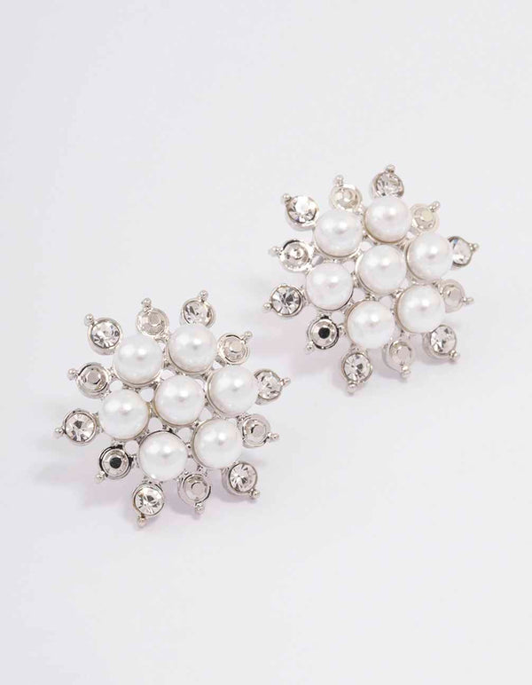 Silver Diamante & Pearl Flower Stud Earrings