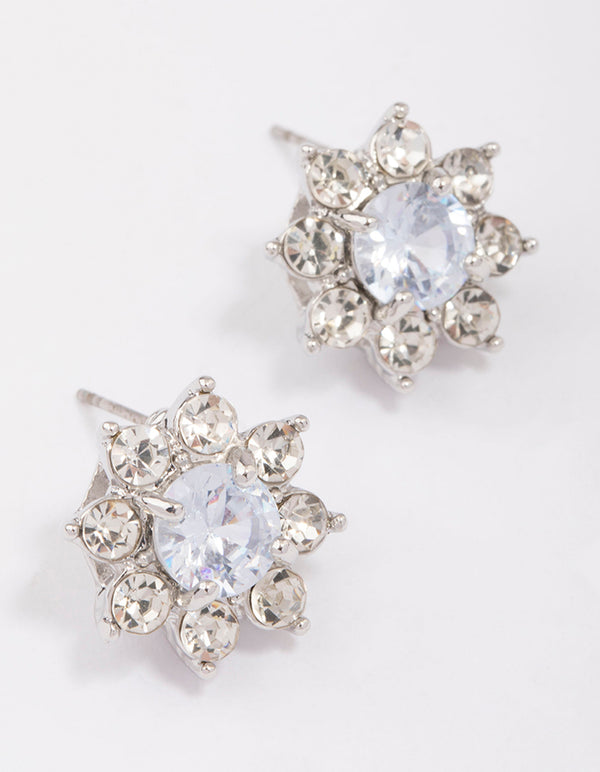 Silver Diamante Flower Stud Earrings