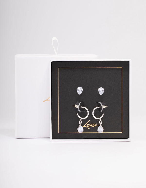 Silver Pear Diamante Stud & Huggie Earring Pack