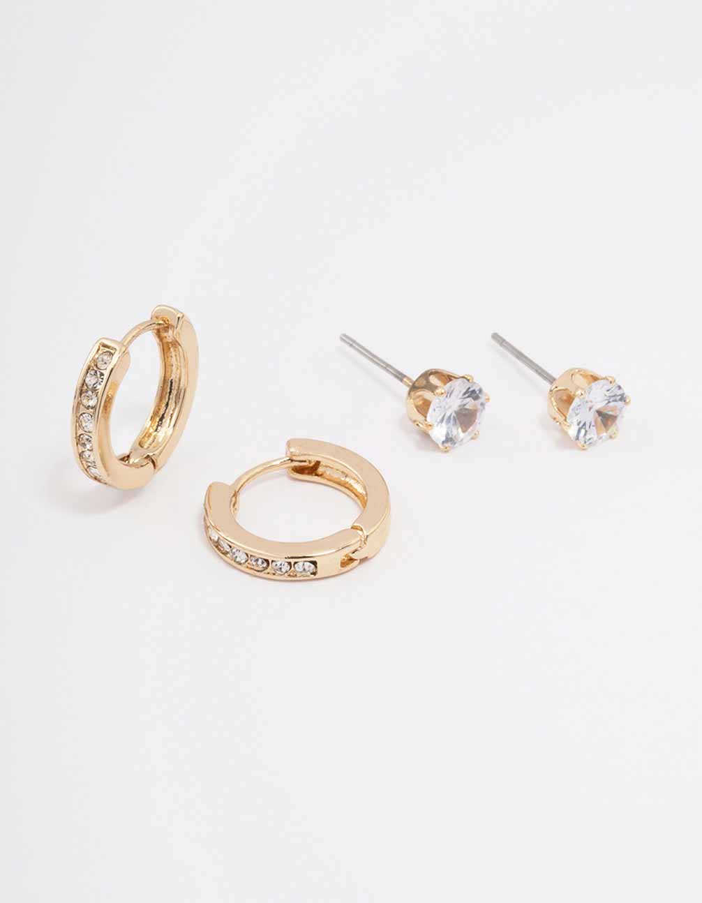 Gold Encased Diamante Stud & Hoop Earring Pack
