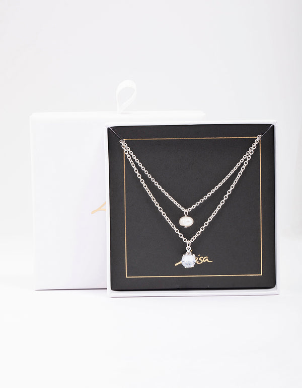 Silver Double Chain Pearl & Diamante Necklace