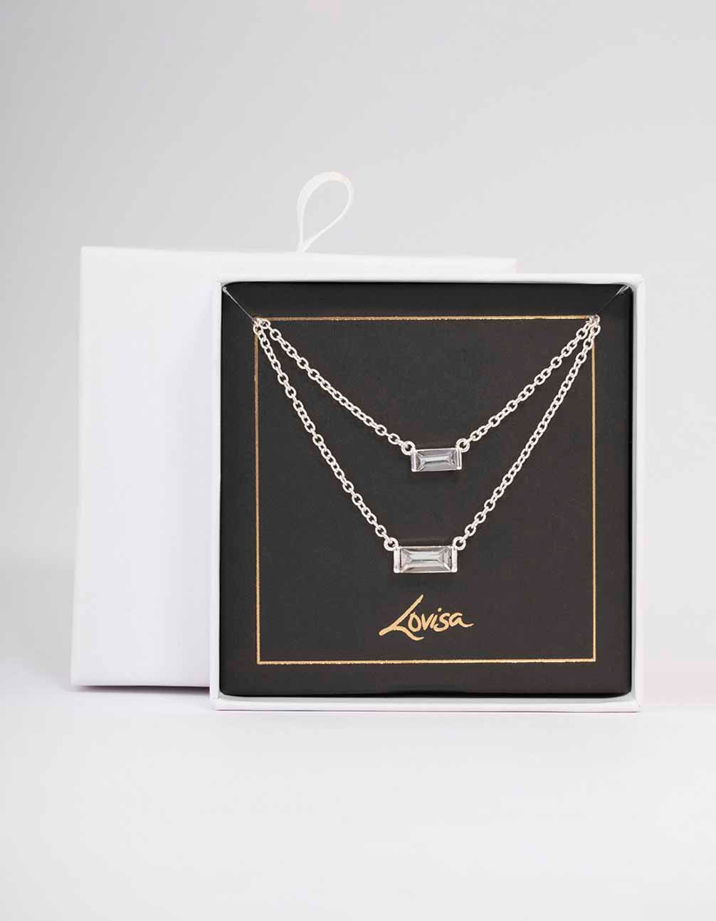 Silver Double Chain Baguette Necklace
