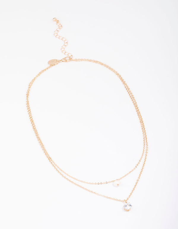 Gold Double Chain Pearl & Diamante Necklace