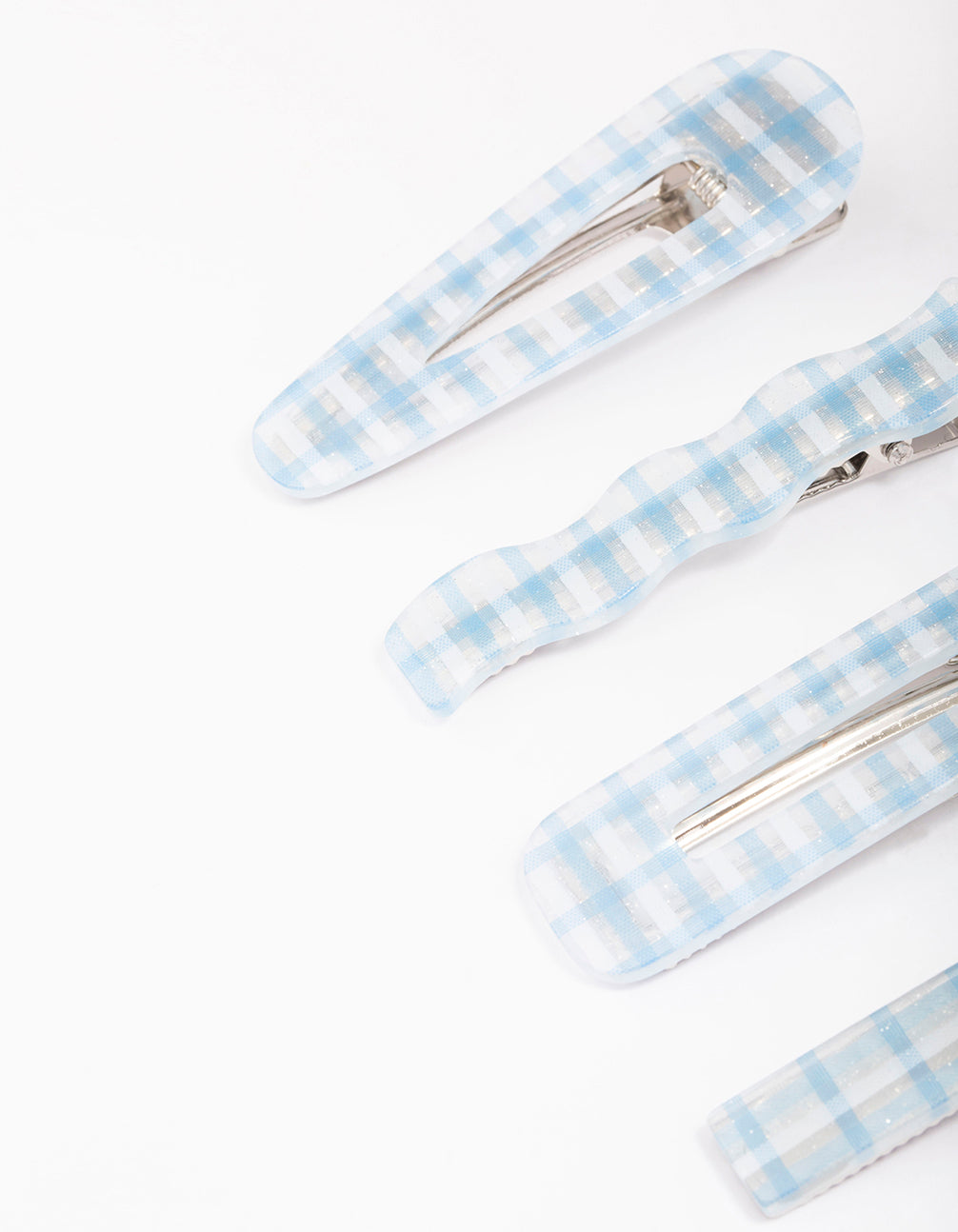 Blue Mixed Check Gingham Hair Clip 4-Pack