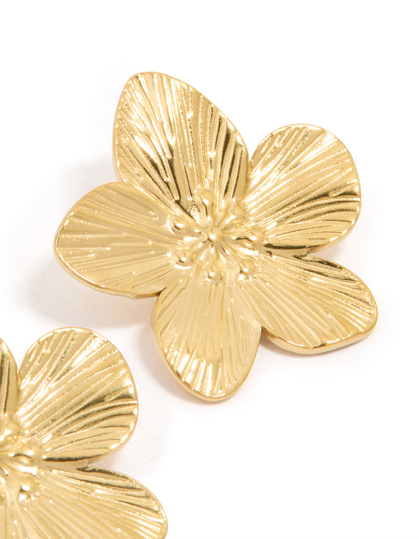 Waterproof Gold Plated Stainless Steel Textured Flower Stud Earrings