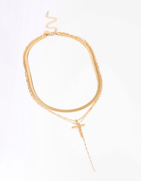 Waterproof Gold Plated Stainless Steel Multi Chain Cross Layered Necklace