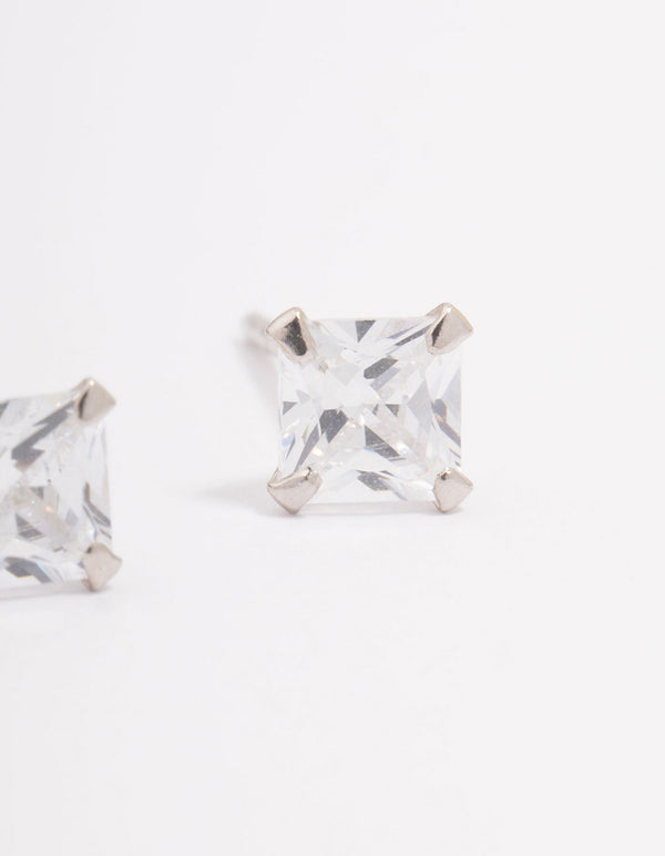 Platinum Sterling Silver Square Cubic Zirconia Stud Earrings