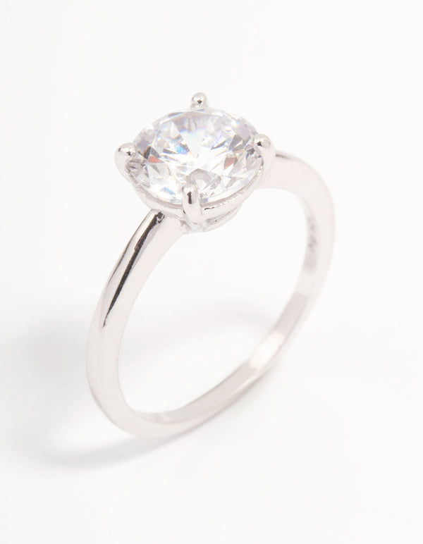 Platinum Sterling Silver Solitaire Cubic Zirconia Crystal Ring