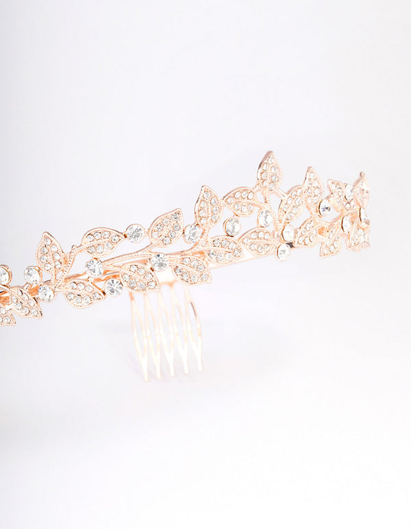 Rose Gold Diamante Leafy Tiara