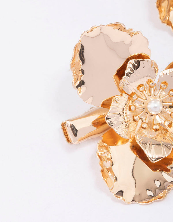 Gold Medium Pearl Flower Hair Clips 3-Pack