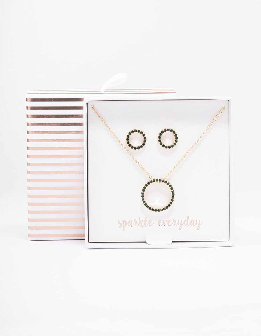 Gold Diamante Open Circle Necklace & Stud Earring Set