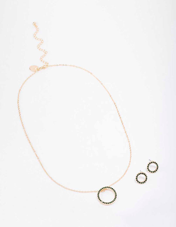 Gold Diamante Open Circle Necklace & Stud Earring Set