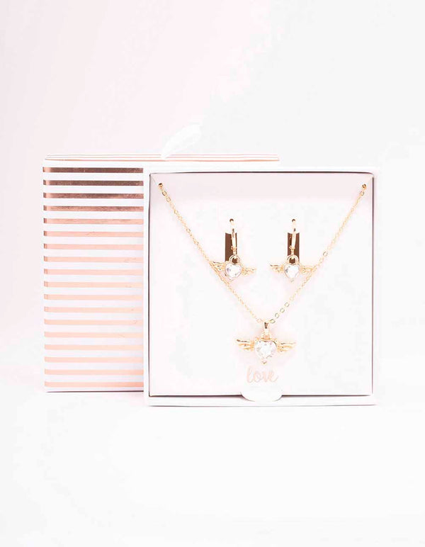 Gold Heart Wing Necklace & Huggie Earring Set