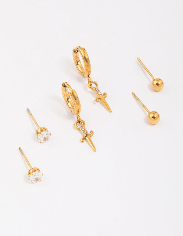 Gold Plated Surgical Steel Dagger Huggie Earring 3-Pack