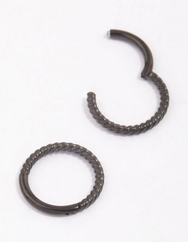 Black Surgical Steel Rope Sleeper Hoop Earrings 8mm