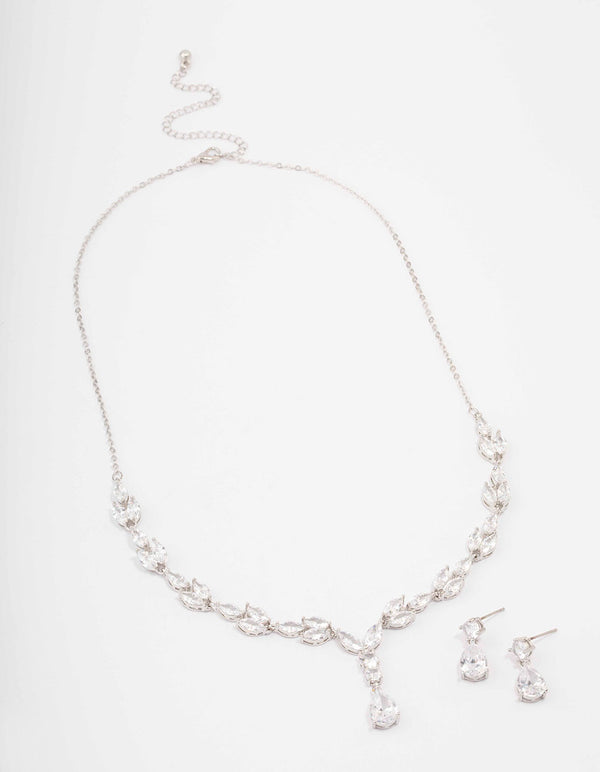 Silver Marquise Pear Necklace & Drop Earring Set