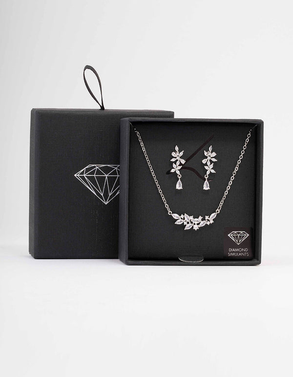 Silver Dainty Sparkle Flower Necklace & Earring Set