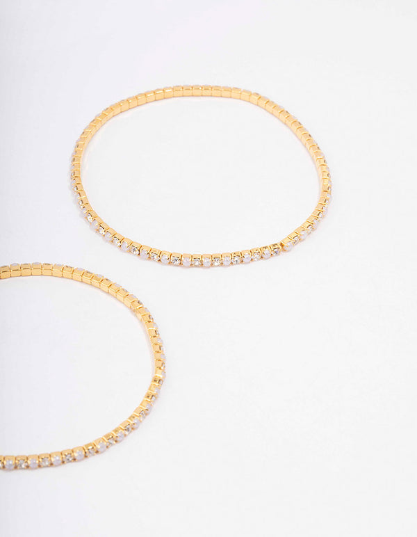 Gold Plated Alternating Mini Cubic Zirconia Pearl Stretch Bangle