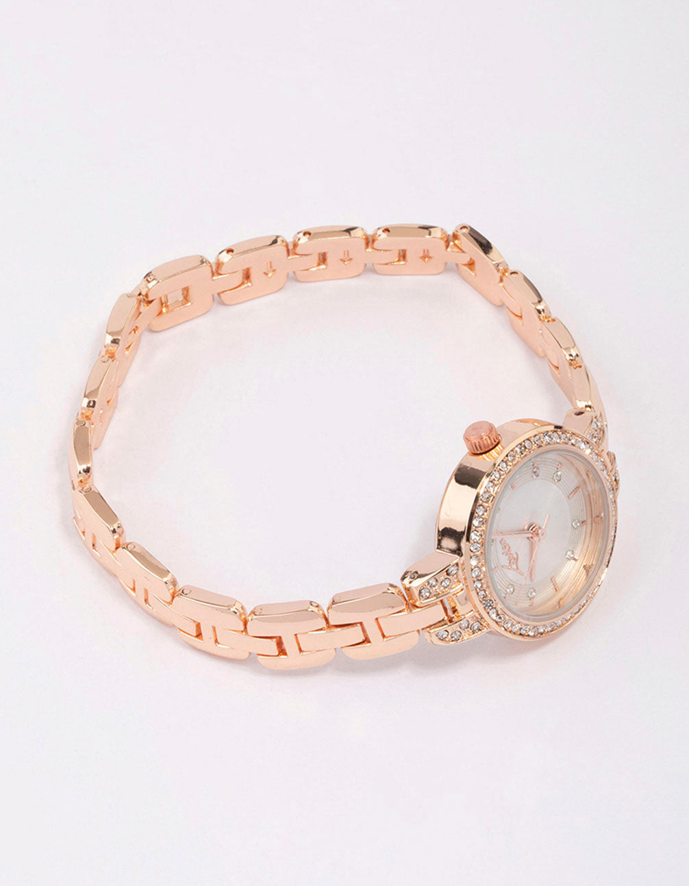 Elegant rose gold diamante small round strap watch featuring white dial, stone look, designed for women, casual occasion, link band, analog type front view